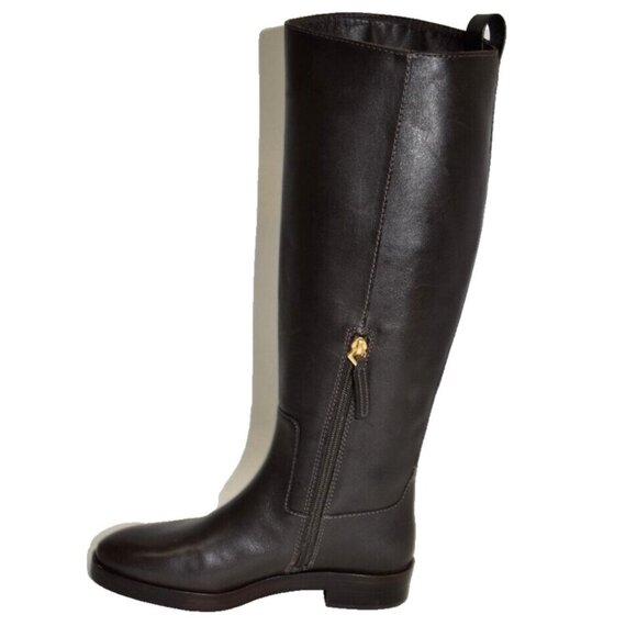 New! Tory Burch The Riding Boot Logo Embossed Coconut Brown Size 6M 141232 DD387 - Picture 3 of 8